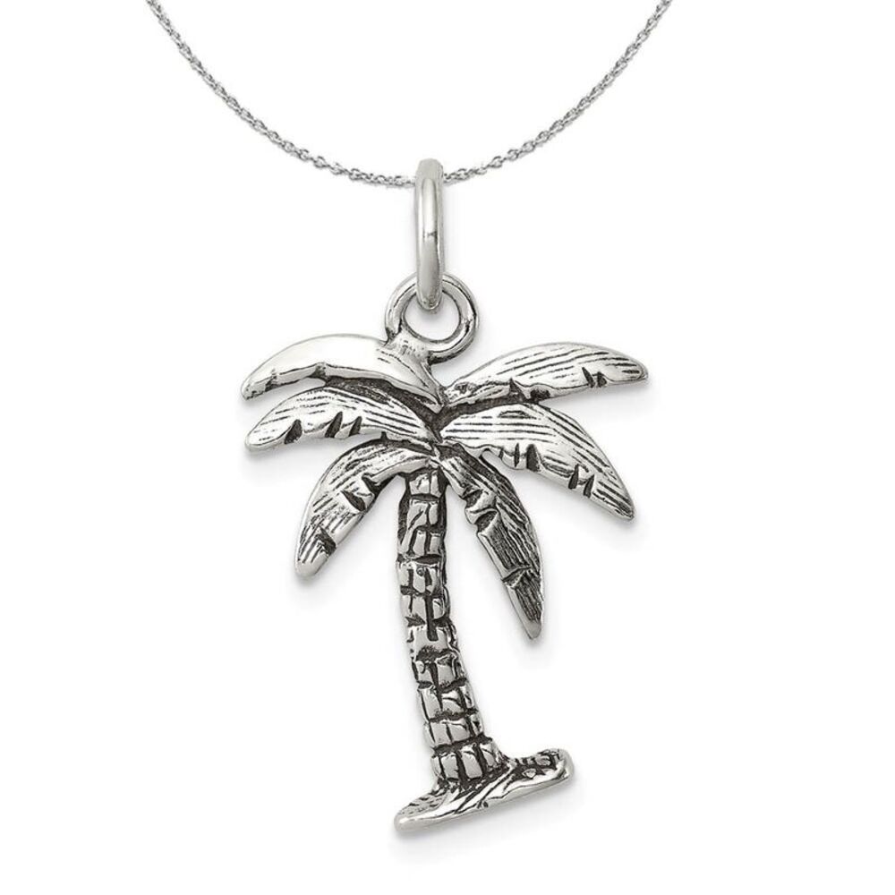 Sterling Silver 3D Antiqued Palm Tree Necklace - 24 Inch